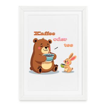 Coffee or tea? Tired bear and rabbit morning grouch - Framed poster (27 × 37 cm) - white - Front