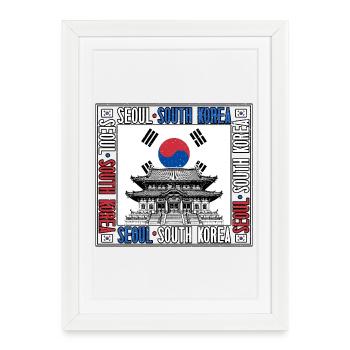Séoul Corée du Sud, drapeau coréen Temple coréen - Affiche encadrée (27 × 37 cm) - blanc - Devant