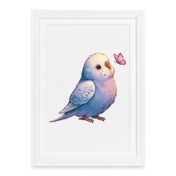 Perruche perruche avec papillon - Affiche encadrée (27 × 37 cm) - blanc - Devant