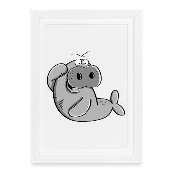 Lamantin drôle - lamantins - morse - lion de mer - Affiche encadrée (27 × 37 cm) - blanc - Devant