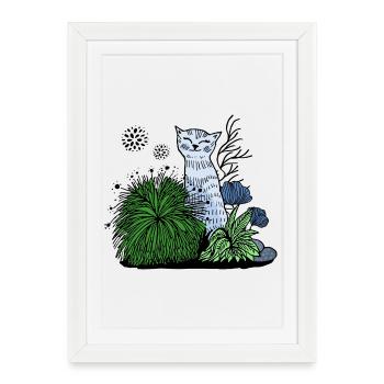 Chat souriant dans le feuillage - Affiche encadrée (27 × 37 cm) - blanc - Devant