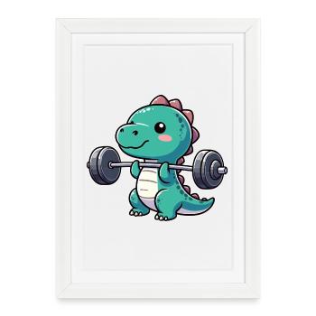Dino T-Rex Workout Dumbbell Bench Press Design - Framed poster (27 × 37 cm) - white - Front