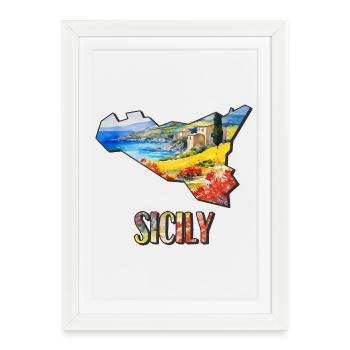 Carte à l’aquarelle de la Sicile - Affiche encadrée (27 × 37 cm) - blanc - Devant