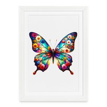 Papillon décoré de fleurs - Affiche encadrée (27 × 37 cm) - blanc - Devant