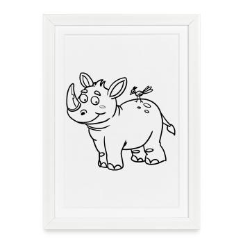Page à colorier Rhino Kawaii illustrée à la main - Affiche encadrée (27 × 37 cm) - blanc - Devant