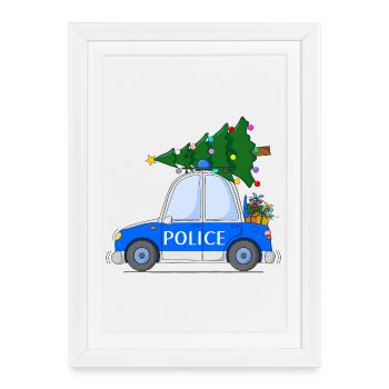 Voiture de police Police Noël - Affiche encadrée (27 × 37 cm) - blanc - Devant