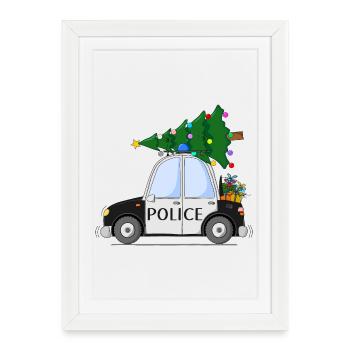 Voiture de Police Police Noël Noir Blanc - Affiche encadrée (27 × 37 cm) - blanc - Devant