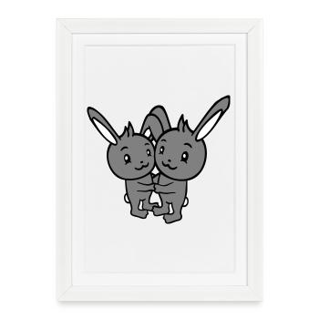 2 lapins deux amis équipe équipage couple câlin mignon - Affiche encadrée (27 × 37 cm) - blanc - Devant