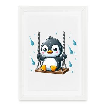 Kawaii Penguin Introvert Emotional Vibes Rain - Framed poster (27 × 37 cm) - white - Front