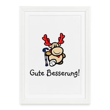 Rentier Elmondo mit Gipsbein "Gute Besserung!" - Gerahmtes Poster (27 × 37 cm) - Weiß - Vorne