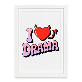 J’adore le drame. Drôle de coeur de diable Vintage Style des années 70 - Affiche encadrée (27 × 37 cm) - blanc - Devant