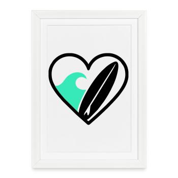 Surf coeur Wave Board Mer Eté - Affiche encadrée (27 × 37 cm) - blanc - Devant