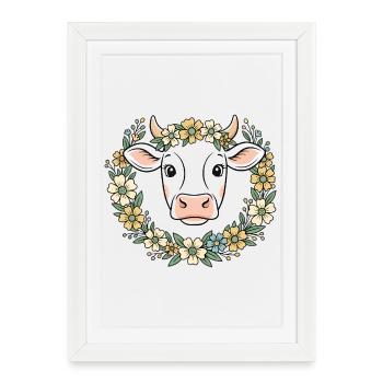 Cow Floral Wreath Boho Spring Vector - Framed poster (27 × 37 cm) - white - Front