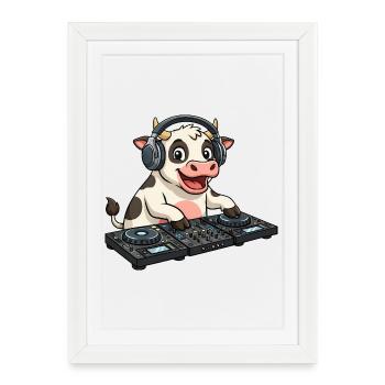 DJ Cow Cartoon Farm Party Motif - Framed poster (27 × 37 cm) - white - Front