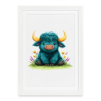 Yak bleu dans une mer de fleurs - Affiche encadrée (27 × 37 cm) - blanc - Devant