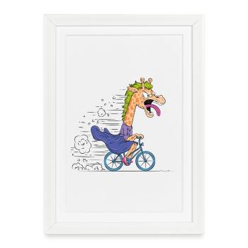 Dessin animé Girafe sur Vélo - Affiche encadrée (27 × 37 cm) - blanc - Devant