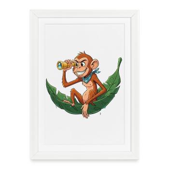 Singe d’aventure avec télescope - Affiche encadrée (27 × 37 cm) - blanc - Devant