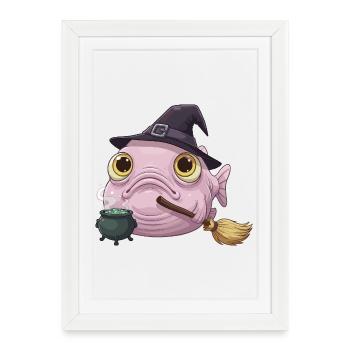 Funny Blobfish - Witch's Hat and Magic Cauldron - Framed poster (27 × 37 cm) - white - Front