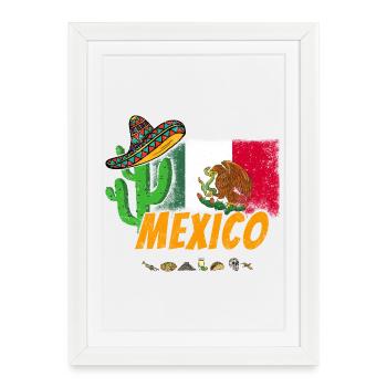 Cactus vintage du Mexique avec drapeau et sombrero - Affiche encadrée (27 × 37 cm) - blanc - Devant