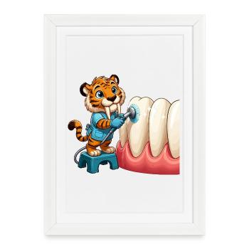 Tiger Brushing Teeth Cartoon - Framed poster (27 × 37 cm) - white - Front