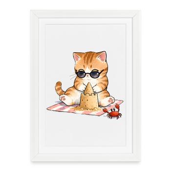 😸 🏖 Chat à la plage avec château de sable - Affiche encadrée (27 × 37 cm) - blanc - Devant