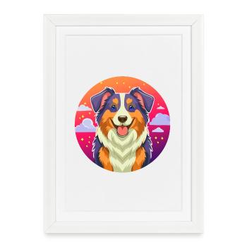 Australian Shepherd (bande dessinée portrait) - Affiche encadrée (27 × 37 cm) - blanc - Devant
