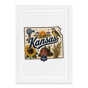 Autocollant de voyage vintage Kansas Sunflower State - Affiche encadrée (27 × 37 cm) - blanc - Devant