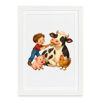 Un garçon brossant la vache sur la ferme joyeuse - Affiche encadrée (27 × 37 cm) - blanc - Devant