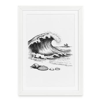 Grosse vague océanique avec île à palmiers et coquillages - Affiche encadrée (27 × 37 cm) - blanc - Devant