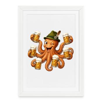 Un poulpe drôle avec des chopes de bière - Affiche encadrée (27 × 37 cm) - blanc - Devant