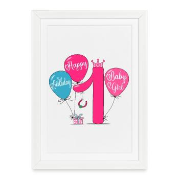 Joyeux anniversaire 1 bébé fille - Affiche encadrée (27 × 37 cm) - blanc - Devant