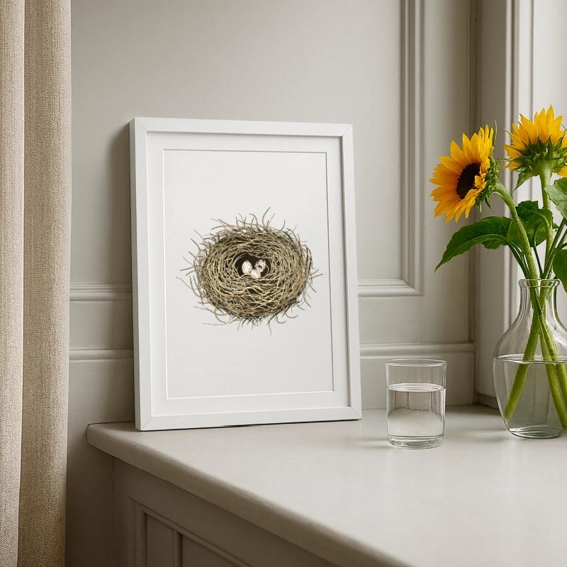 Vogelnest oder Osternest mit drei Vogel Eier Gerahmtes Poster (27 × 37 cm)
