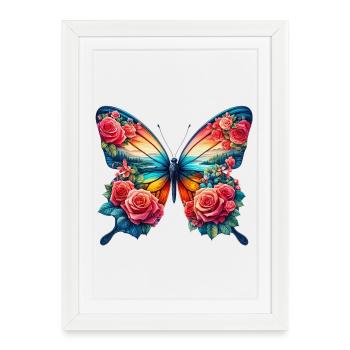 Papillon Fleurs roses Roses épines Rose Garden - Affiche encadrée (27 × 37 cm) - blanc - Devant
