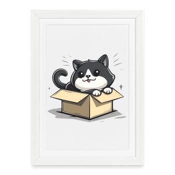 Chat heureux assis dans une boîte en carton vide - Affiche encadrée (27 × 37 cm) - blanc - Devant