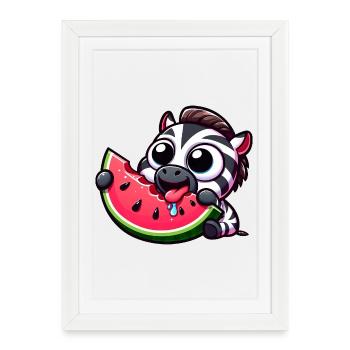 Mignon dessin animé zèbre pastèque fruit d’été - Affiche encadrée (27 × 37 cm) - blanc - Devant