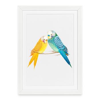 Two budgies on a branch in pastel colors - Framed poster (27 × 37 cm) - white - Front
