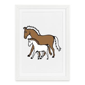 2 Mignon Chevaux Enfant Famille Maman Papa Maman Père - Affiche encadrée (27 × 37 cm) - blanc - Devant
