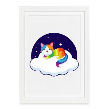 Motley cat floats on cloud (night) - Framed poster (27 × 37 cm) - white - Front
