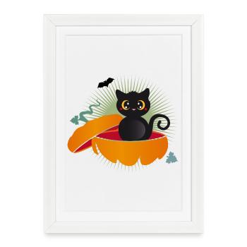Halloween Chat dans la citrouille : un plaisir effrayant et sucré - Affiche encadrée (27 × 37 cm) - blanc - Devant