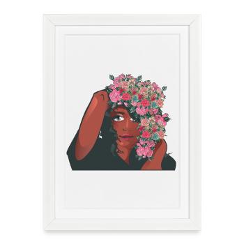Rose Fleurs Afro Cheveux Noir Femme Cancer du sein - Affiche encadrée (27 × 37 cm) - blanc - Devant