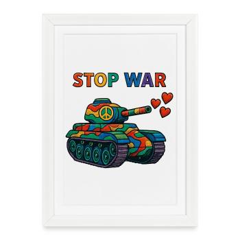 Char arc-en-ciel avec signe de paix – STOP WAR - Affiche encadrée (27 × 37 cm) - blanc - Devant