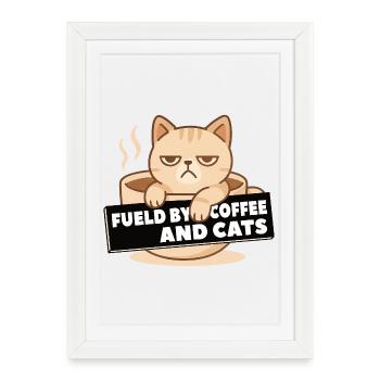 Alimenté par le café et la tasse de café pour chats - Affiche encadrée (27 × 37 cm) - blanc - Devant
