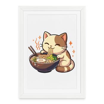 Chat aux nouilles, ramen, chat kawaii - Affiche encadrée (27 × 37 cm) - blanc - Devant