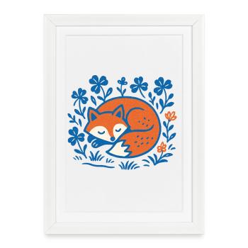 Renard endormi dans le jardin nocturne floral - Affiche encadrée (27 × 37 cm) - blanc - Devant