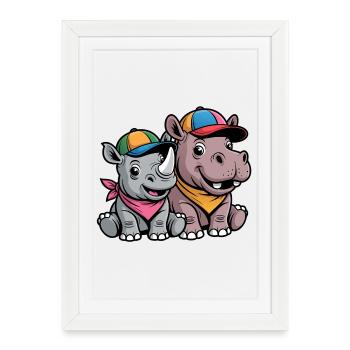 Bébé Rhinocéros et Hippopotame Drôles – Duo d’animaux mignons - Affiche encadrée (27 × 37 cm) - blanc - Devant