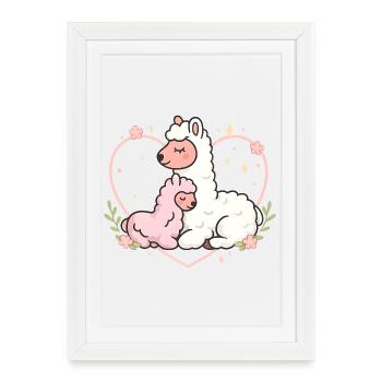 Love des alpagas mignonnes – Motif de cœur de lama Kawaii - Affiche encadrée (27 × 37 cm) - blanc - Devant