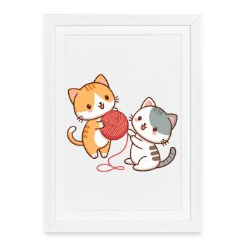 Chatons et pelote kawaii - Affiche encadrée (27 × 37 cm) - blanc - Devant