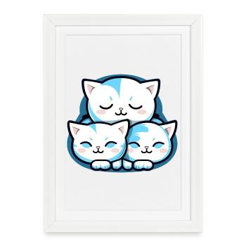Trois chats Kawaii - Bébé - Chat - Affiche encadrée (27 × 37 cm) - blanc - Devant