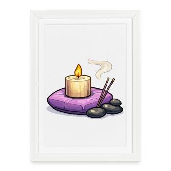 Bougie zen sur oreiller violet - Affiche encadrée (27 × 37 cm) - blanc - Devant