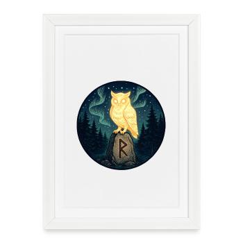 Chouette dorée sur la roche lunaire dans la forêt - Affiche encadrée (27 × 37 cm) - blanc - Devant
